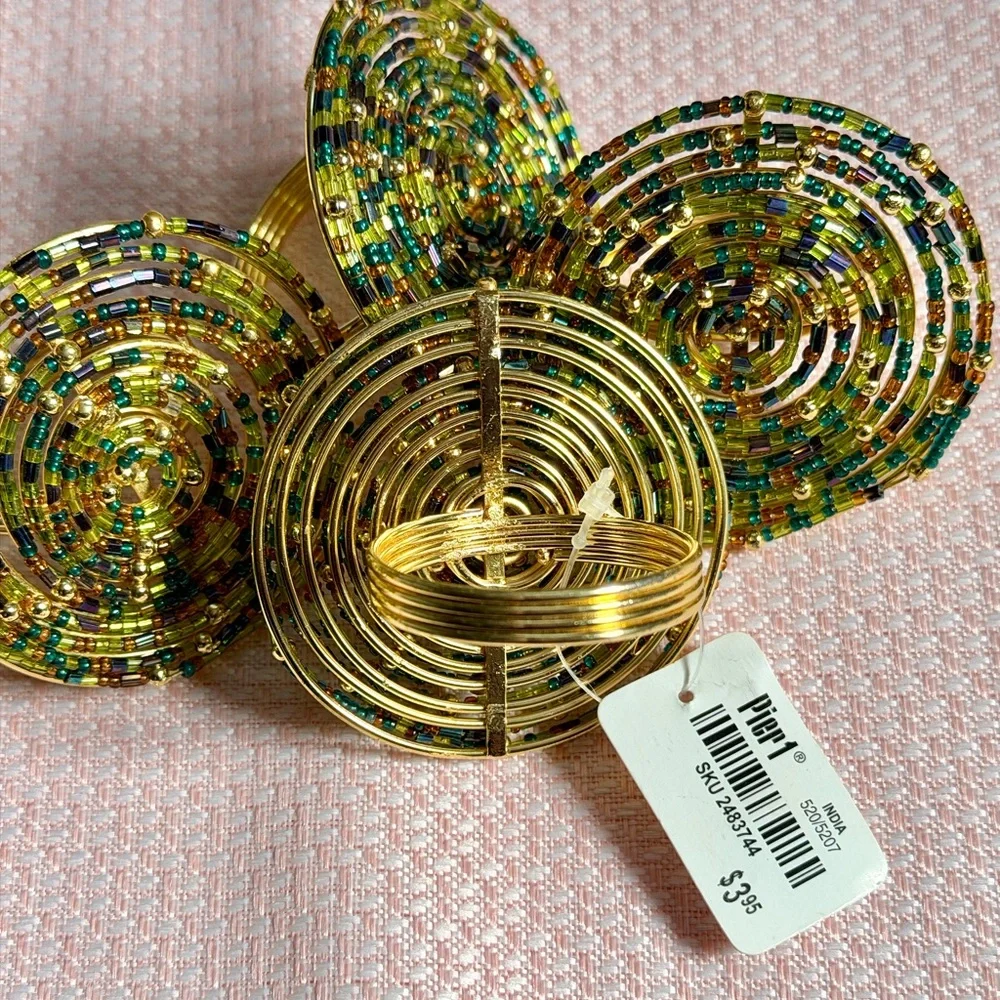 Pier 1 Beaded Napkin Rings Set of 4 Green Gold Jewel tones - EUC